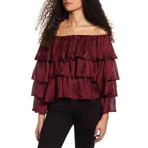 MINKPINK Size Small In The Moment Burgundy Blouse Tiered Ruffles Off Shoulder